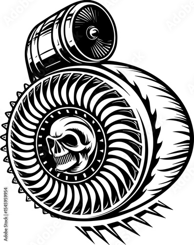 SVG illustration of bone engines merging skeletal forms with mechanical design. Skull Design with Turbocharger and Engine Elements for Art