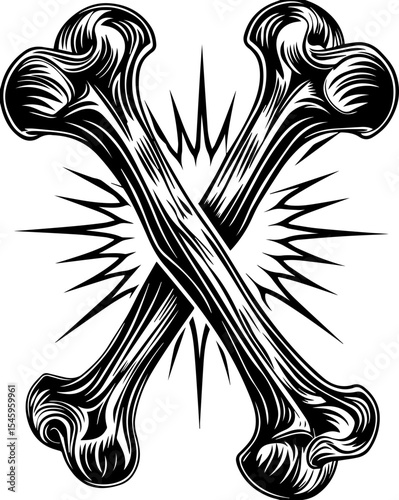 SVG illustration of bone engines merging skeletal forms with mechanical design. Crossed Bones with Radiating Lines in Vintage Style Illustration