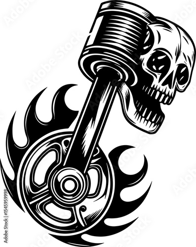 SVG illustration of bone engines merging skeletal forms with mechanical design. Skull and Piston Design with Flames for Automotive Artwork