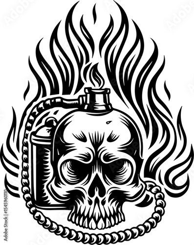 SVG illustration of bone engines merging skeletal forms with mechanical design. Skull with Flames and Gasoline Canister for Edgy Artwork Design