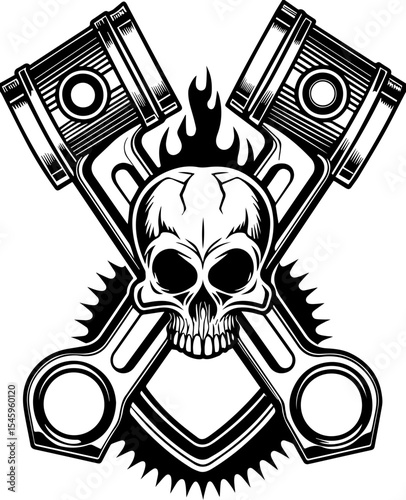 SVG illustration of bone engines merging skeletal forms with mechanical design. Skull and Piston Design with Flames and Tools for Motor Enthusiasts
