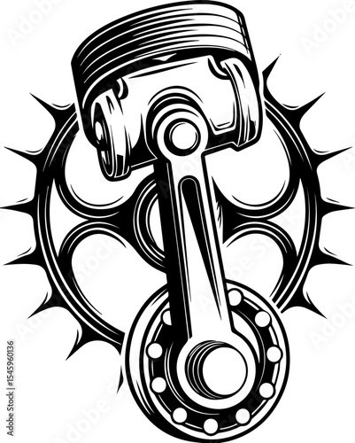 SVG illustration of bone engines merging skeletal forms with mechanical design. Vintage Engine Piston with Gear and Spike Decorative Design