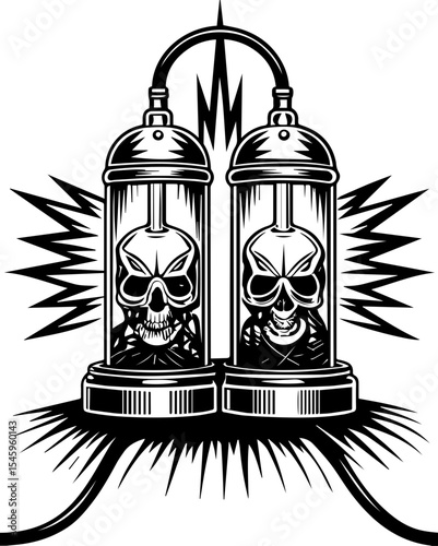 SVG illustration of bone engines merging skeletal forms with mechanical design. Skulls Encased in Glass Jars with Electric Sparks in Black Design