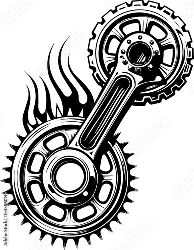 SVG illustration of bone engines merging skeletal forms with mechanical design. Abstract Black and White Bicycle Gear with Flames Design