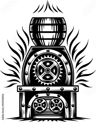 SVG illustration of bone engines merging skeletal forms with mechanical design. Vintage Industrial Machine with Barrel and Gears in Black and White