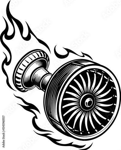 SVG illustration of bone engines merging skeletal forms with mechanical design. Vintage Style Turbine Engine with Flames in Black and White Illustration