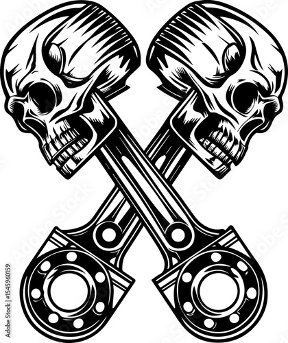 SVG illustration of bone engines merging skeletal forms with mechanical design. Two Skull Heads Intertwined with Engine Pistons in Black and White Design