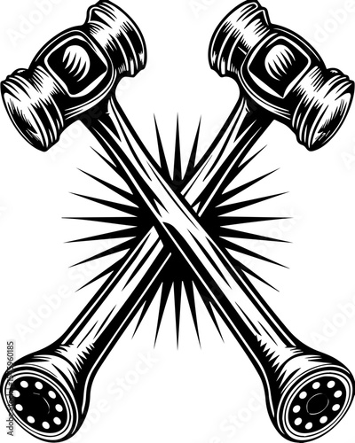 SVG illustration of bone engines merging skeletal forms with mechanical design. Crossed Hammers with Rays of Light Illustrating Strength and Power