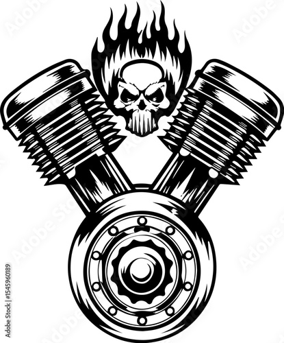 SVG illustration of bone engines merging skeletal forms with mechanical design. Fierce Engine Illustration with Skull and Flames Design