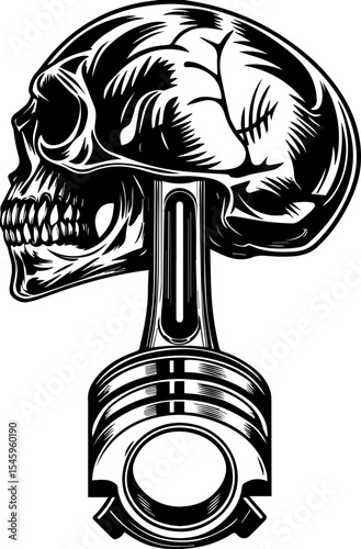 SVG illustration of bone engines merging skeletal forms with mechanical design. Skull and Piston Graphic Art for Automotive Enthusiasts and Designers