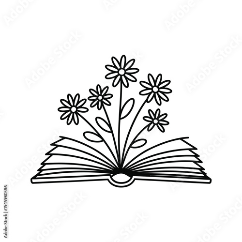 Open Book with Flowers Growing Out Black and White Illustration