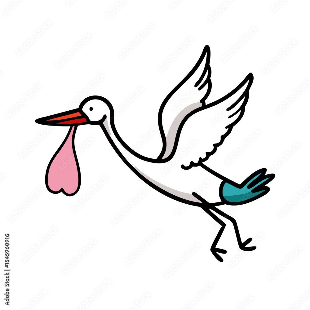 Obraz premium Stork flying with a pink baby bag, playful illustration on a white background