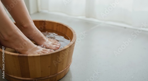 Woman soaking feet in wooden basin with water indoors  