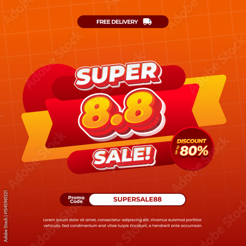 8.8 Super August Shopping day Sale discount deals special orange gradient Editable text effect grid style promo code pop up marketing banner template