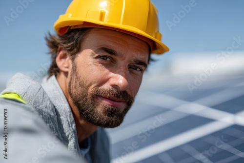 Male engineer inspecting solar panels on rooftop under bright sun