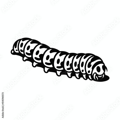 Black and White Caterpillar Illustration with Smiling Faces on Each Segment