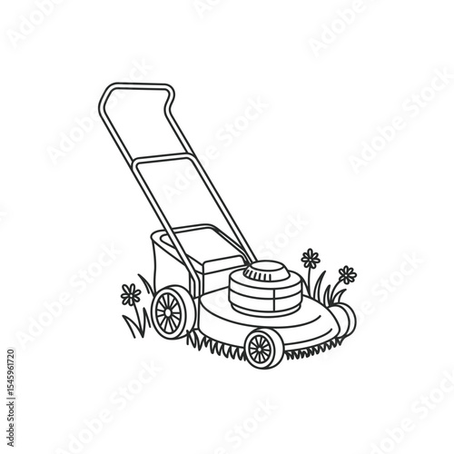 Outline Drawing of a Lawn Mower with Flowers and Grass