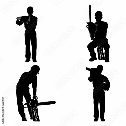 collection of silhouettes of men with chainsaws