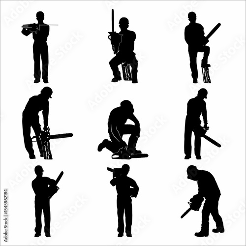 collection of silhouettes of men with chainsaws