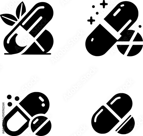 set of minimalist black and white pill and capsule icon in line art style.