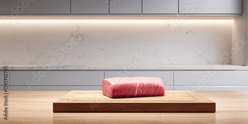 Wallpaper Mural Raw pink meat rests on a wooden cutting board in a minimalist kitchen Torontodigital.ca
