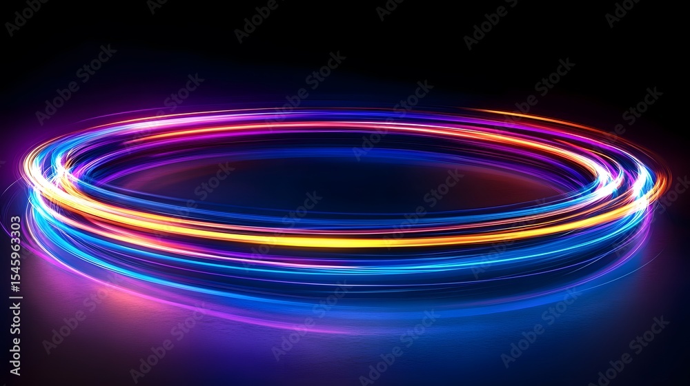 Circular neon light trails on a dark background. Circular neon light trails on a dark background.