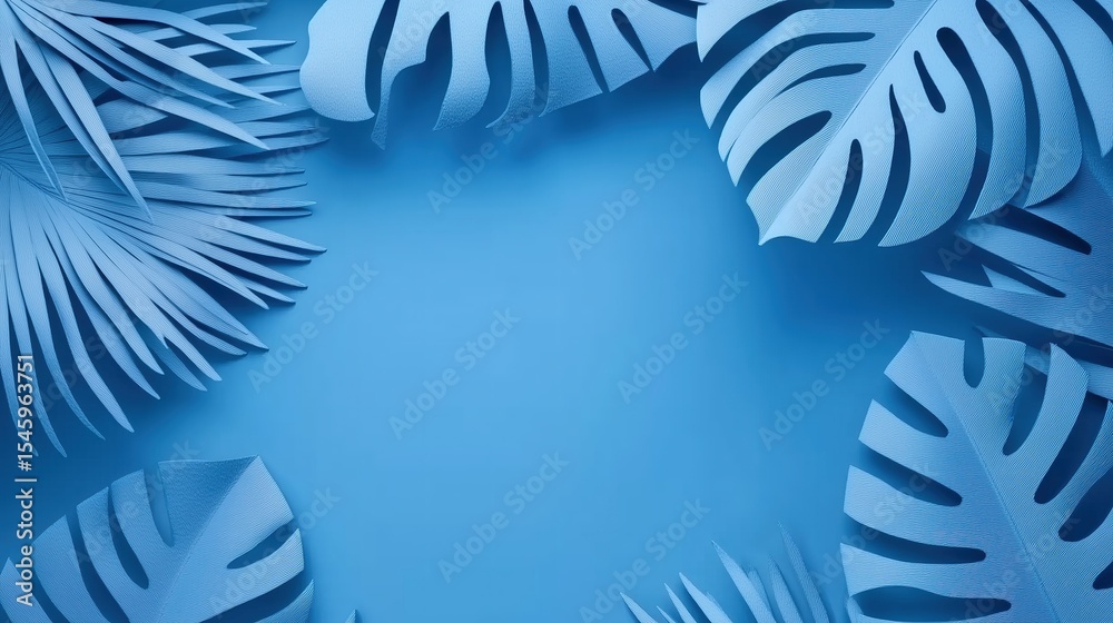 Obraz premium Tropical Leaves Watercolor Texture - Blue Green Abstract Botanical Background with Copy Space, Summer Minimalist Pattern 