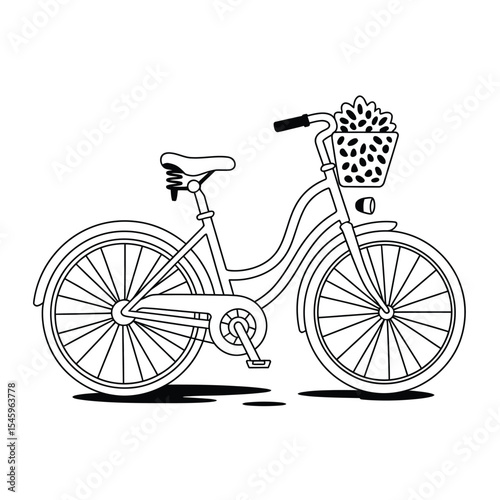Black and White Bicycle with Flower Basket Line Art Illustration