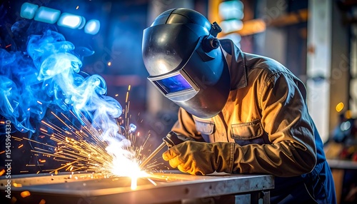 Welder working with sparks and flames.