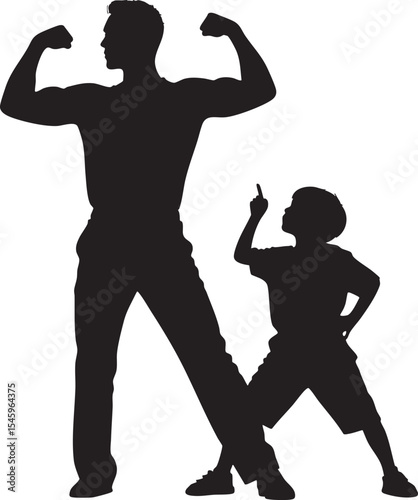 Father and Son Silhouette A Muscular Man Flexing While His Son Points Upward in Awe and Admiration