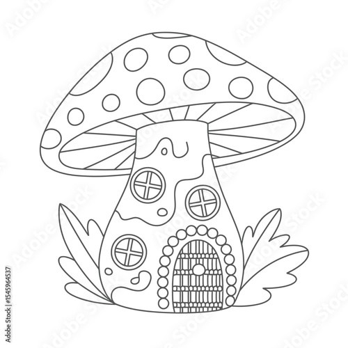 Whimsical Mushroom House Coloring Page with Windows and Leaf Details