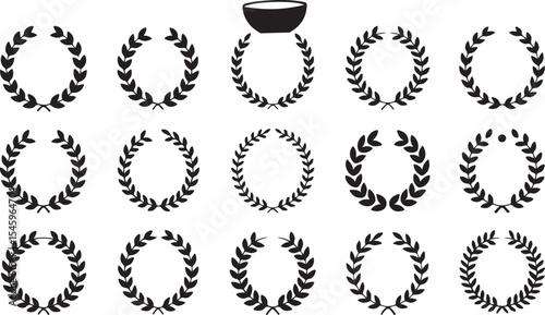 Elegant Laurel Wreath Collection Fifteen Designs in Black Silhouette Symbolizing Triumph Victory and Honor Perfect for Emblems Logos and Awards