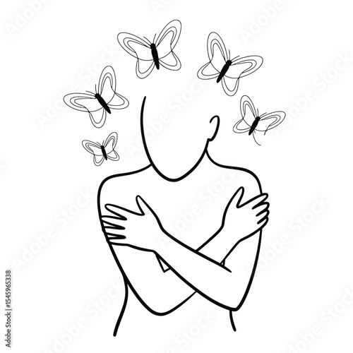 Woman Embracing Herself with Butterflies Symbolizing Transformation and Personal Growth