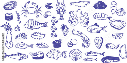 Hand-drawn seafood doodle vector set with fish, shrimp, octopus, crab, sushi, shells, and lemon slices. Great for food packaging, restaurant menu, seafood logos, culinary artwork, branding and sticker