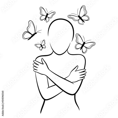 Line art of woman embracing herself with butterflies around her head