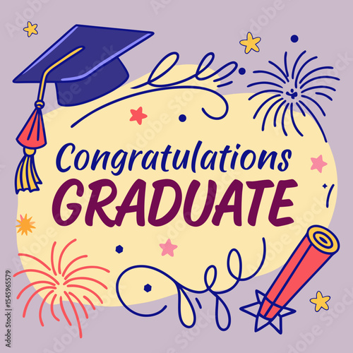Congrats Grad. Greeting lettering sign with fireworks and stars. Congratulating vector banner for graduation party, congratulation ceremony, card. University, school, academy grads symbol