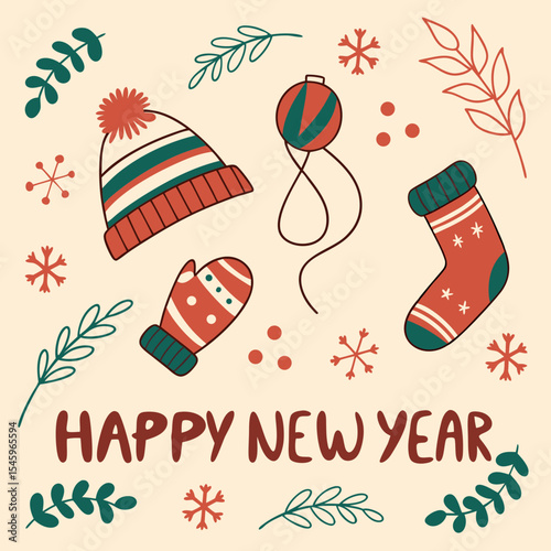 Winter seamless pattern with hats, socks, mittens and sweaters in trendy vintage style. Christmas, Happy New Year, winter holidays concept. Vector design
