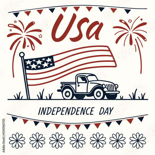 Patriotic vintage farm track with fireworks and hand lettering sigh 4th of July. Decorative banner with symbols of Independence day USA. Fireworks and salutes holiday card. Vector illustration 