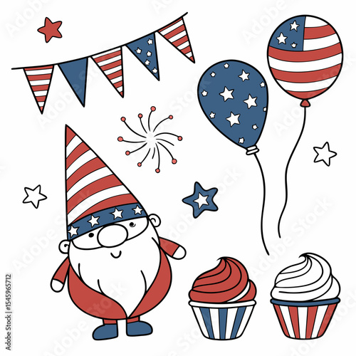 4th July festive vector set isolated on white background. USA Independence Day elements with patriotic gnome, sweets, balloons, fireworks, garland. For poster, banner, cards, web template