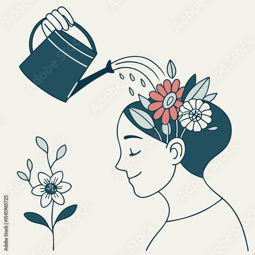 Mental health, happiness, self-development abstract concept. Someone pours water from a watering can on a head with flowers inside. Mindfulness, self care idea. Isolated flat vector illustration