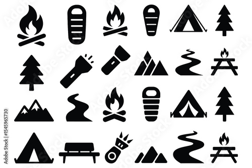 Camping and hiking icons set isolated on white background
