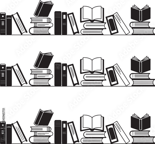 Whimsical Bookshelf Symphony A Black and White Vector Arrangement of Reading, Literature, and Boundless Stories to be Explored