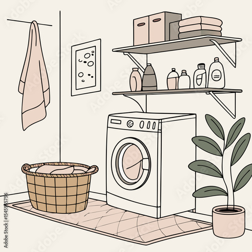 Laundry room with washing machine, basket with dirty clothes, detergents, towels and home plant. Japandi or Scandinavian interior. Eco Friendly home
