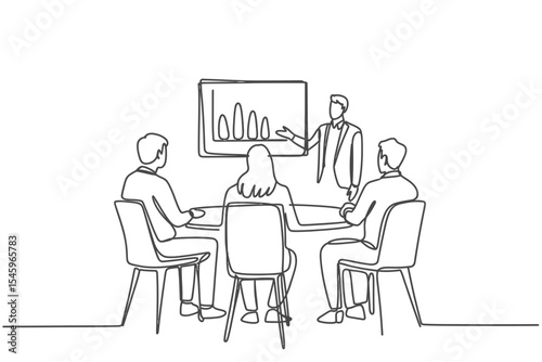 Line Art Illustration of Business Meeting with Presentation of Growth Chart