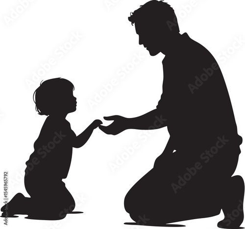 Silhouette of a Father Kneeling and Holding Hands with His Child Depicting a Moment of Love and Connection