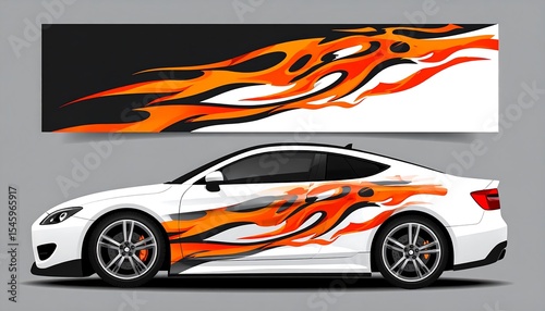 White Car with Flame Decal Design.