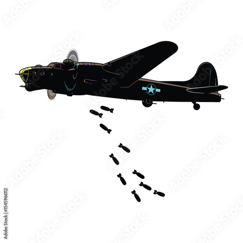World War II Bomber Plane Dropping Bombs  A Vector Illustration