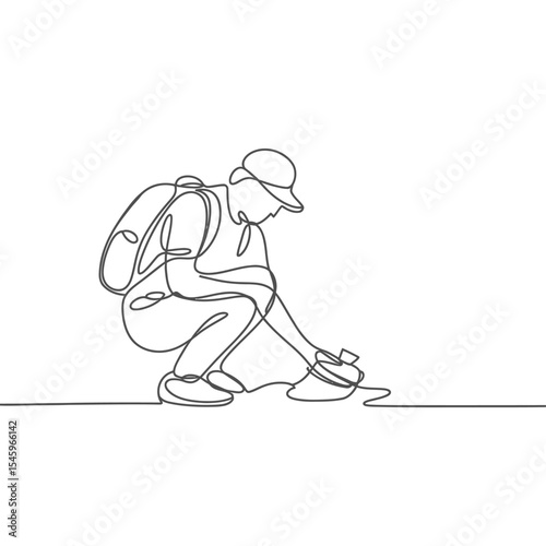 Continuous Line Art Hiker with Backpack Examining Something on the Ground