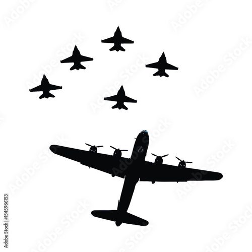Silhouette of a Vintage Bomber Plane Escorted by Fighter Jets