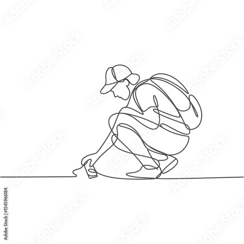 Continuous Line Drawing of a Hiker Examining Something on the Ground